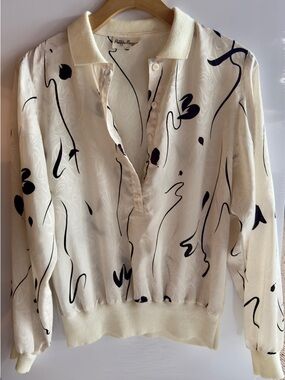 Vintage Polo Blouse with Black Abstract Print